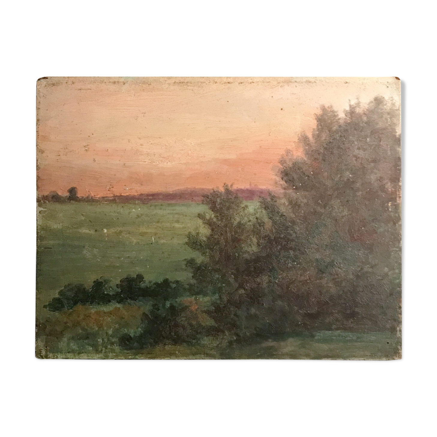 Huile sur panneau scène de paysage à l'aurore