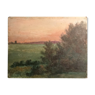 Small oil on panel: landscape scene at dawn