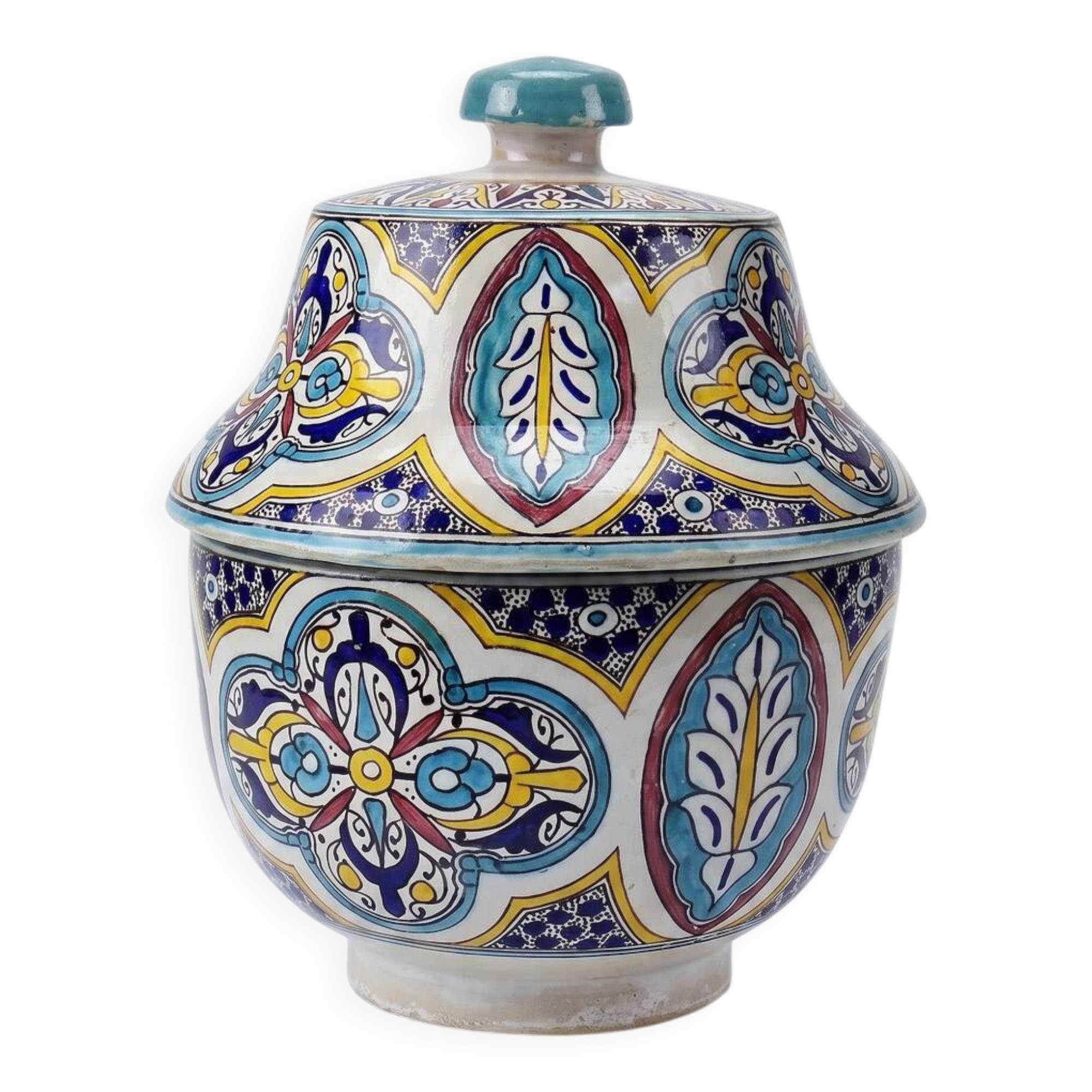 Large ancient jobana from Fes in polychrome faience, Morocco 20th century.