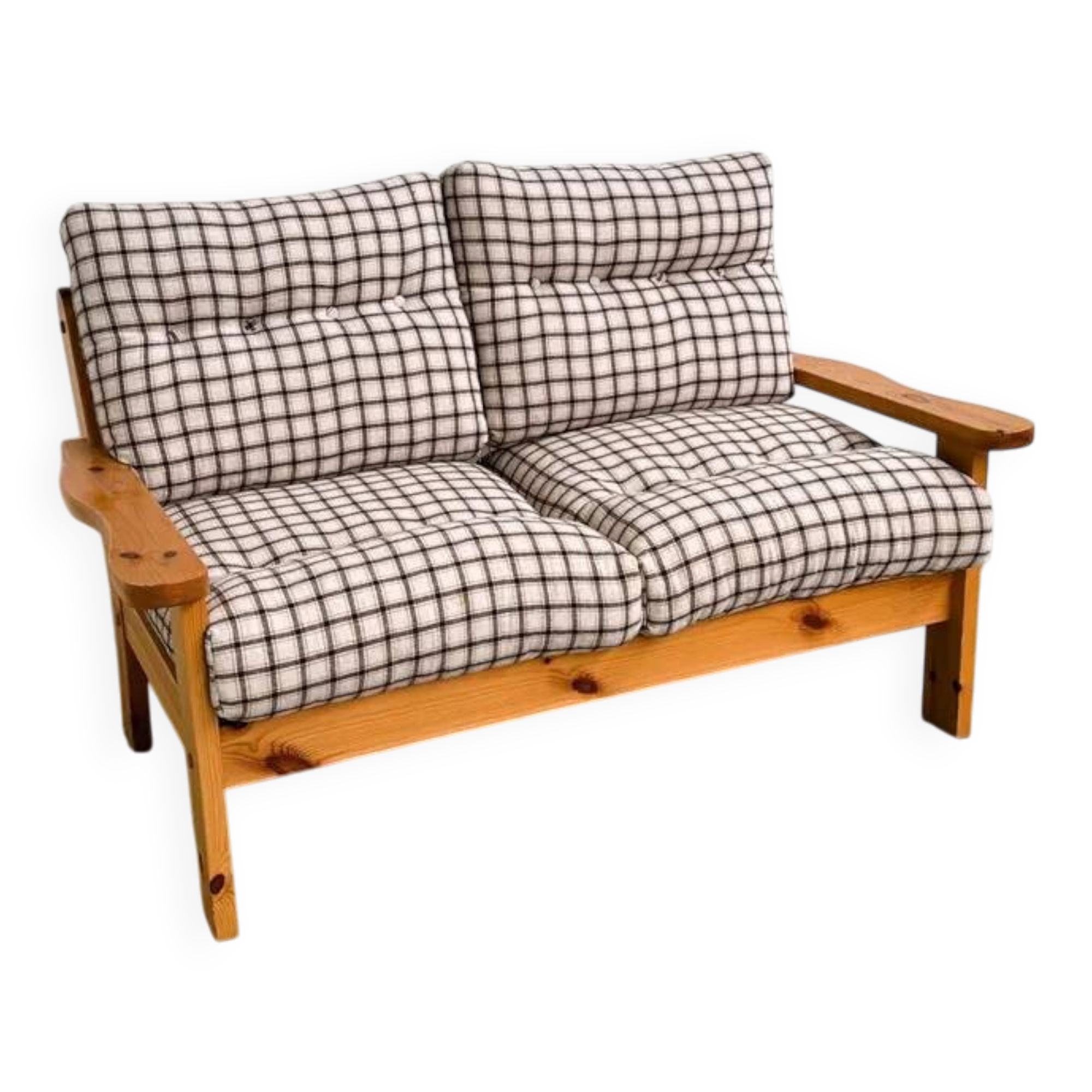 Vintage Two-Seater Pine Sofa with Original Checked Upholstery, 1970s