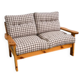 Vintage Two-Seater Pine Sofa with Original Checked Upholstery, 1970s