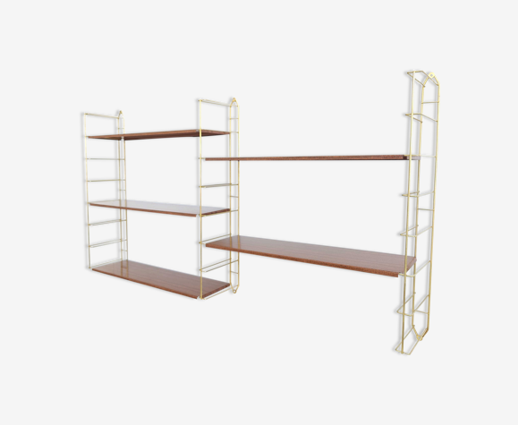 Etagère bibliothèque murale vintage métal doré et façon bois