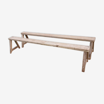 Paire de bancs de ferme en chêne 228 cm