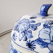 Large vintage Chinese handcrafted glazed ceramic pot with blue flower pattern