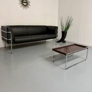 Three-seater tubular chrome and black leather sofa by Kébé, Denmark 80