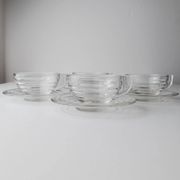 4x Transparent Glass Cups and Saucers with Grooved Embossing – Art Deco Italy 1960s, Elegant Tea Glassware Set