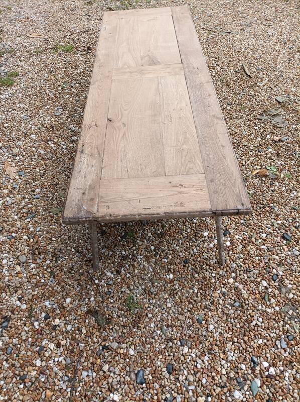 Solid wood living room coffee table with patinated chrome metal legs