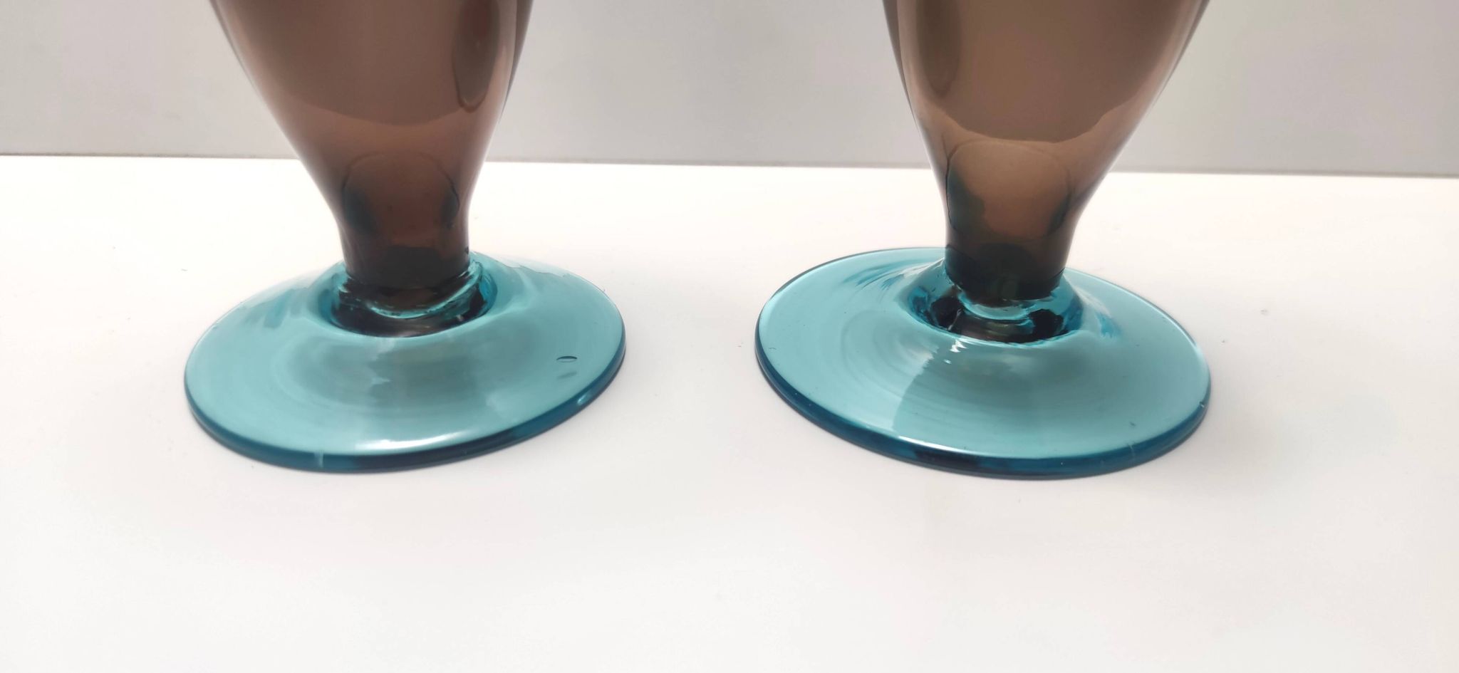 Pair of Brown and Aquamarine Murano Glass Candleholders, Italy