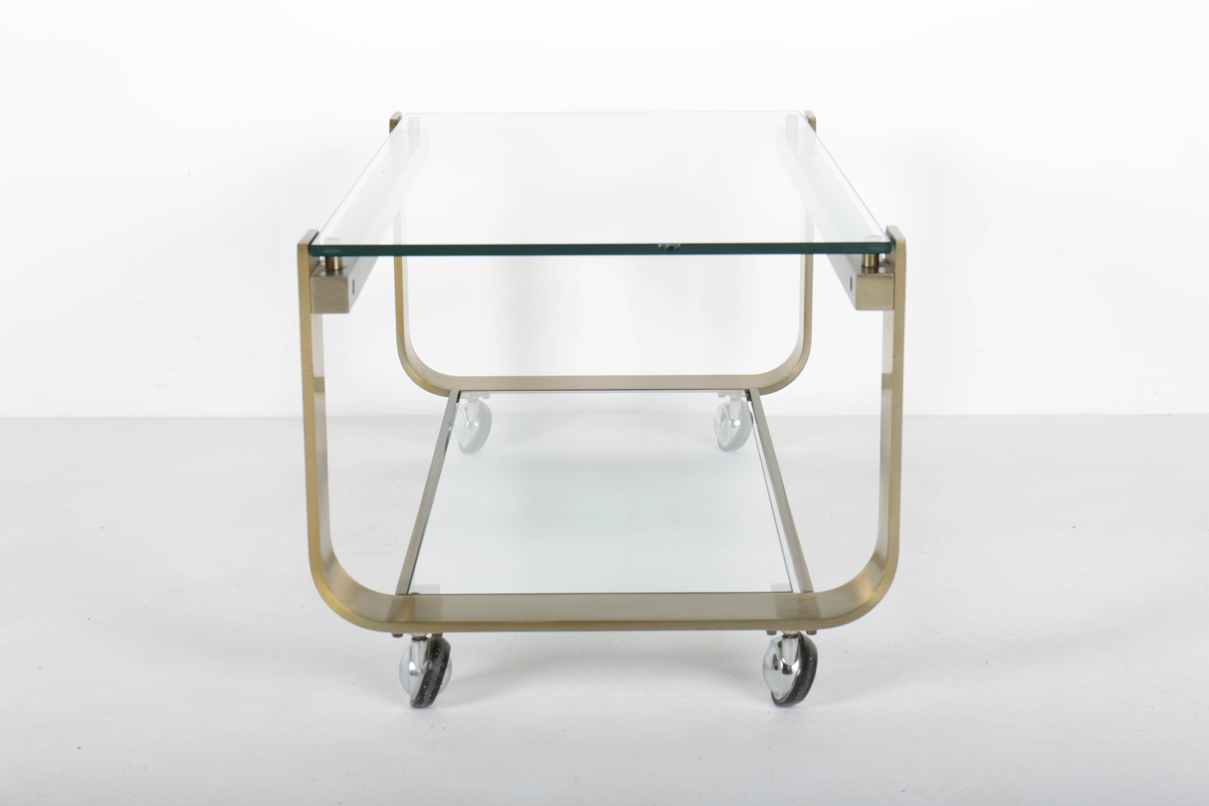 Vintage coffee table in gold metal and double glass top, 70s