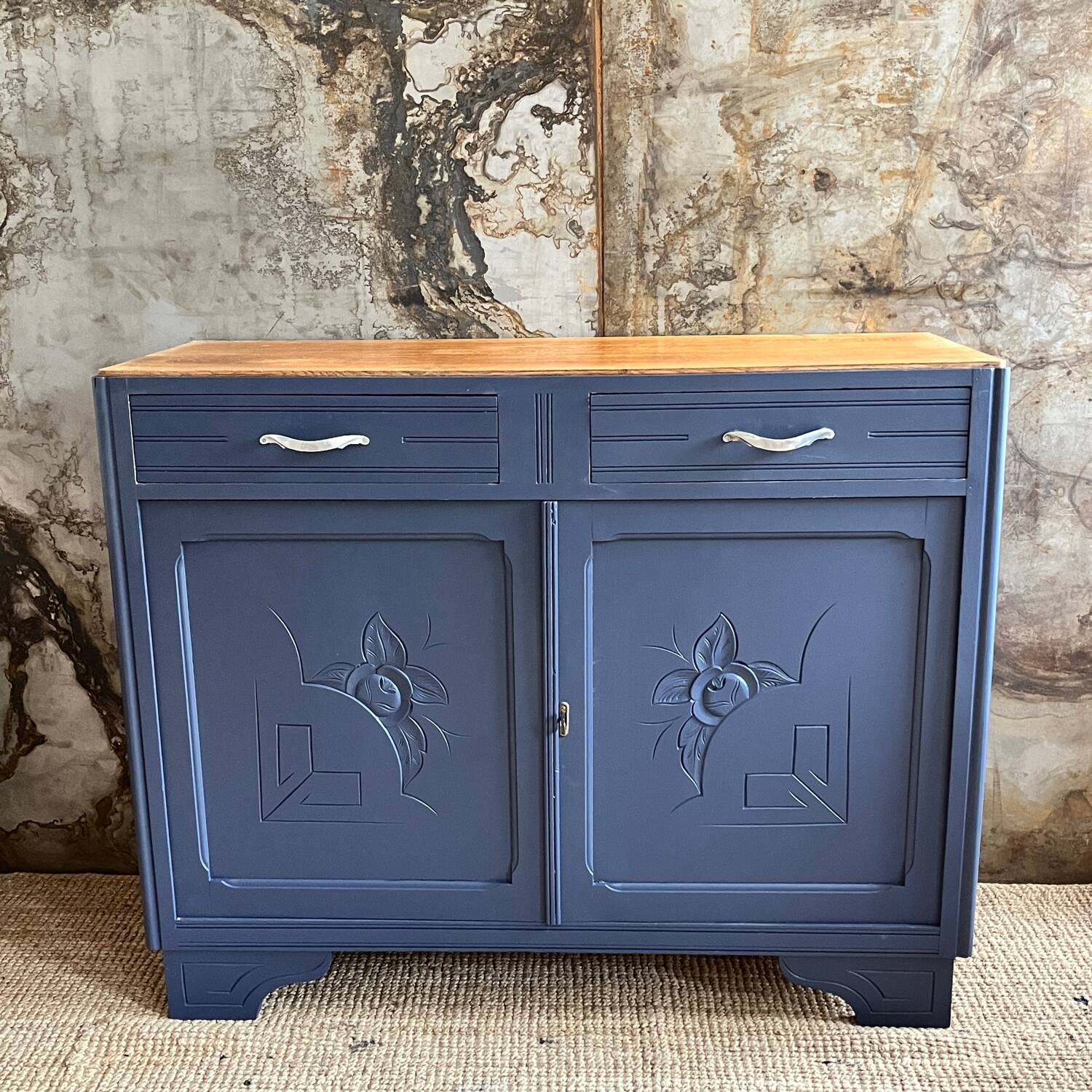 Parisian buffet in raw wood and deep blue