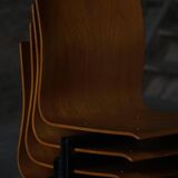 Set of 6 industrial stackable chairs by Niels Larsen, black metal and oak, 1960s.