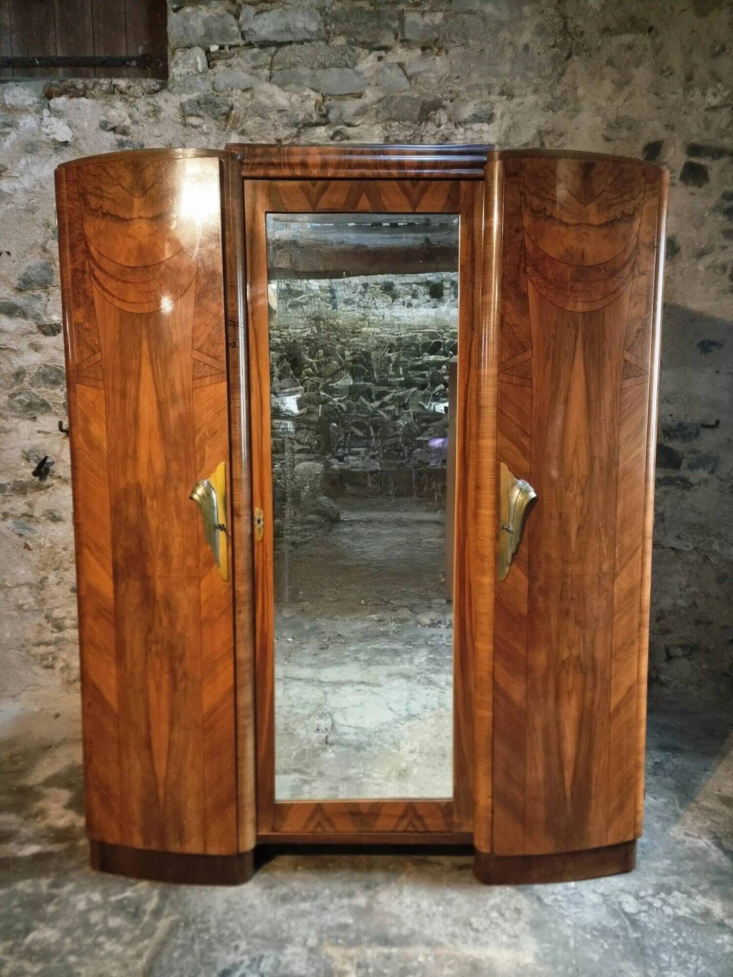 French Art Deco walnut wardrobe with mirror, 1930s