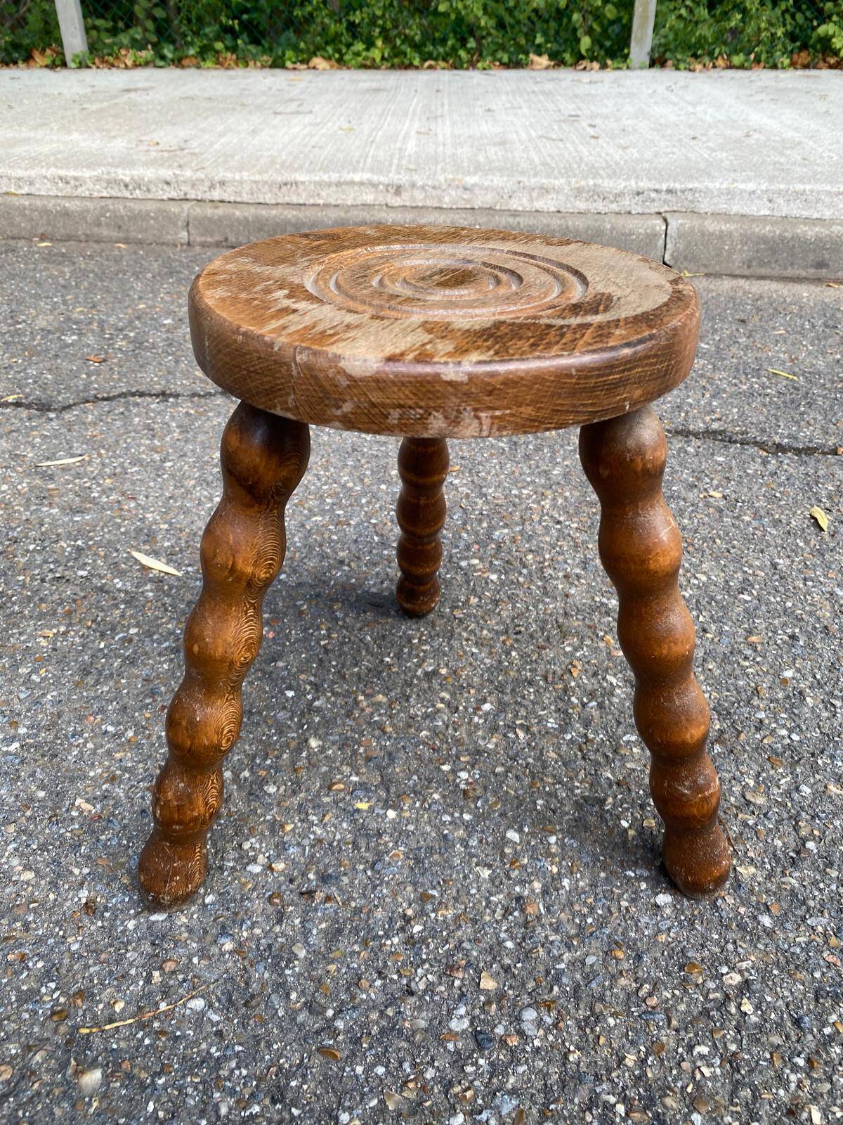 Vintage turned wooden stool / side table — Beaded legs