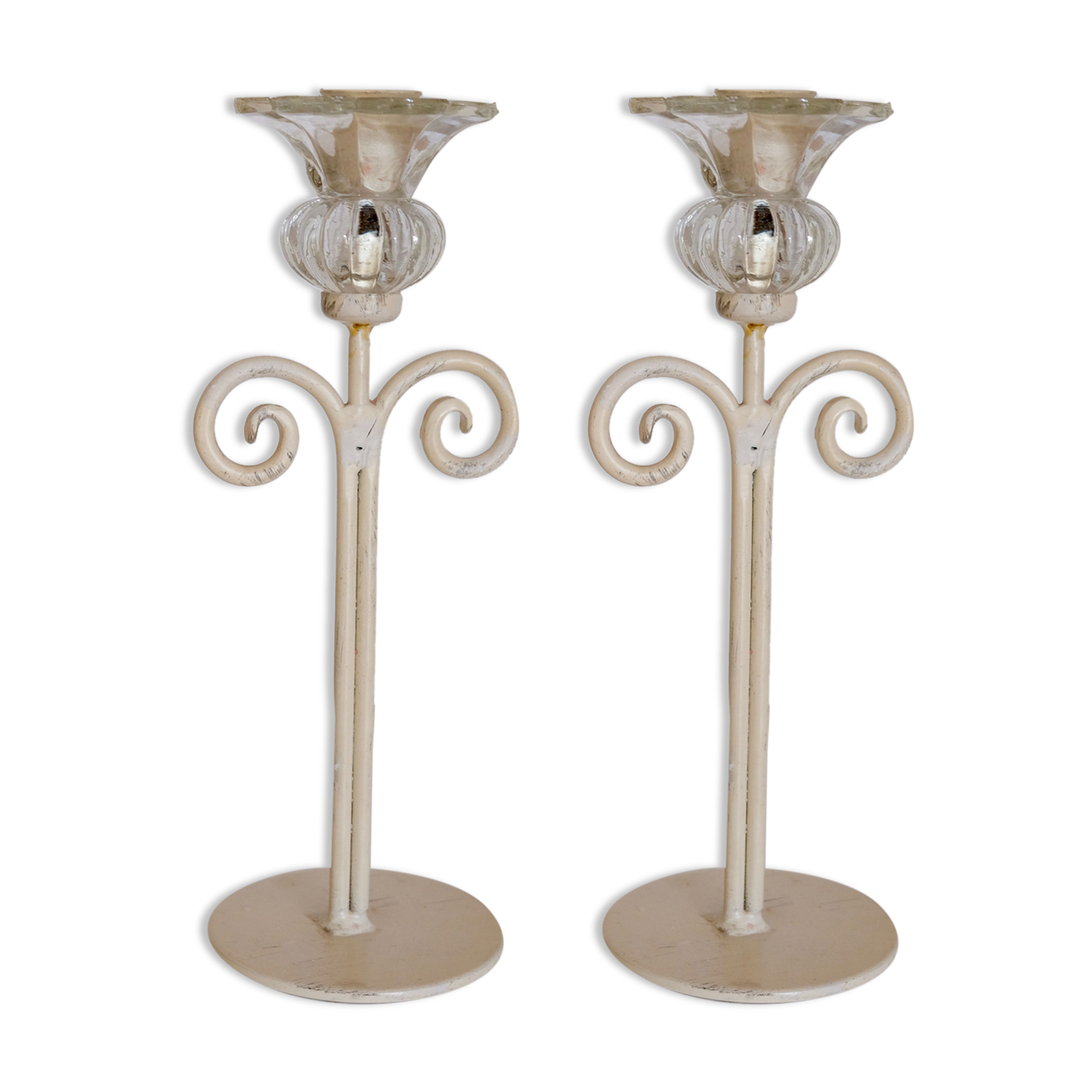 Set of 2 candle holders flower painted metal and glass