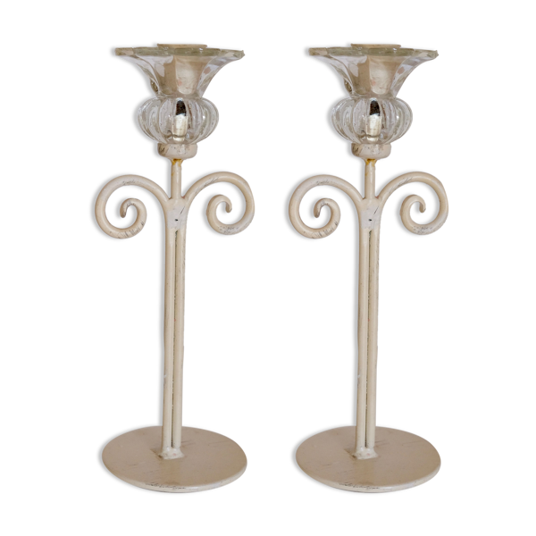 Ensemble de 2 bougeoirs fleur métal peint et verre