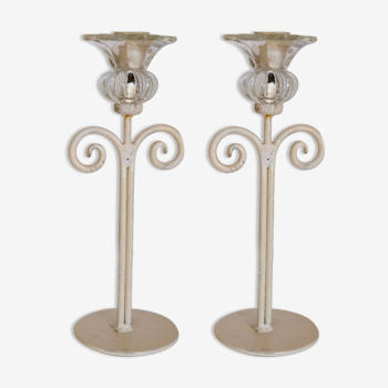 Set of 2 candle holders flower painted metal and glass