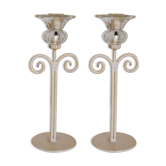 Set of 2 candle holders flower painted metal and glass