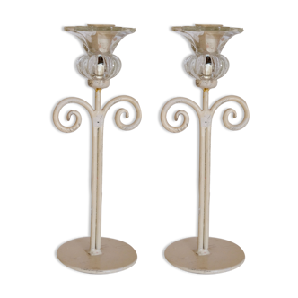 Set of 2 candle holders flower painted metal and glass