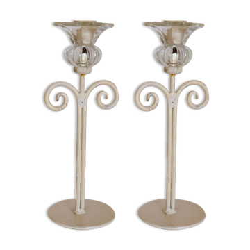 Set of 2 candle holders flower painted metal and glass