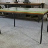 Saint-Gobain glass and black lacquered metal designer table, 1960s