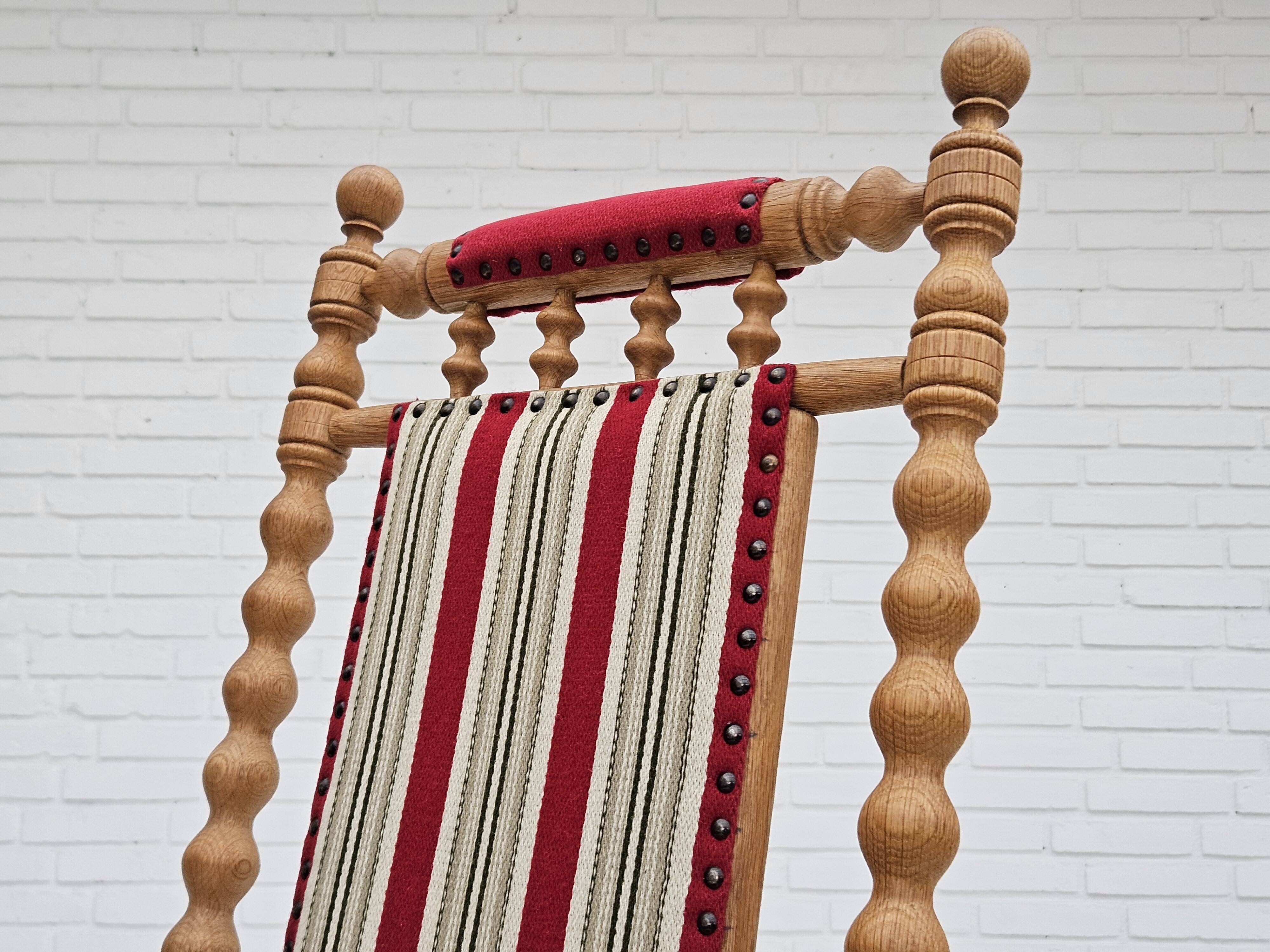 1970s, Danish highback rocking chair, oak wood, furniture wool, original condition.