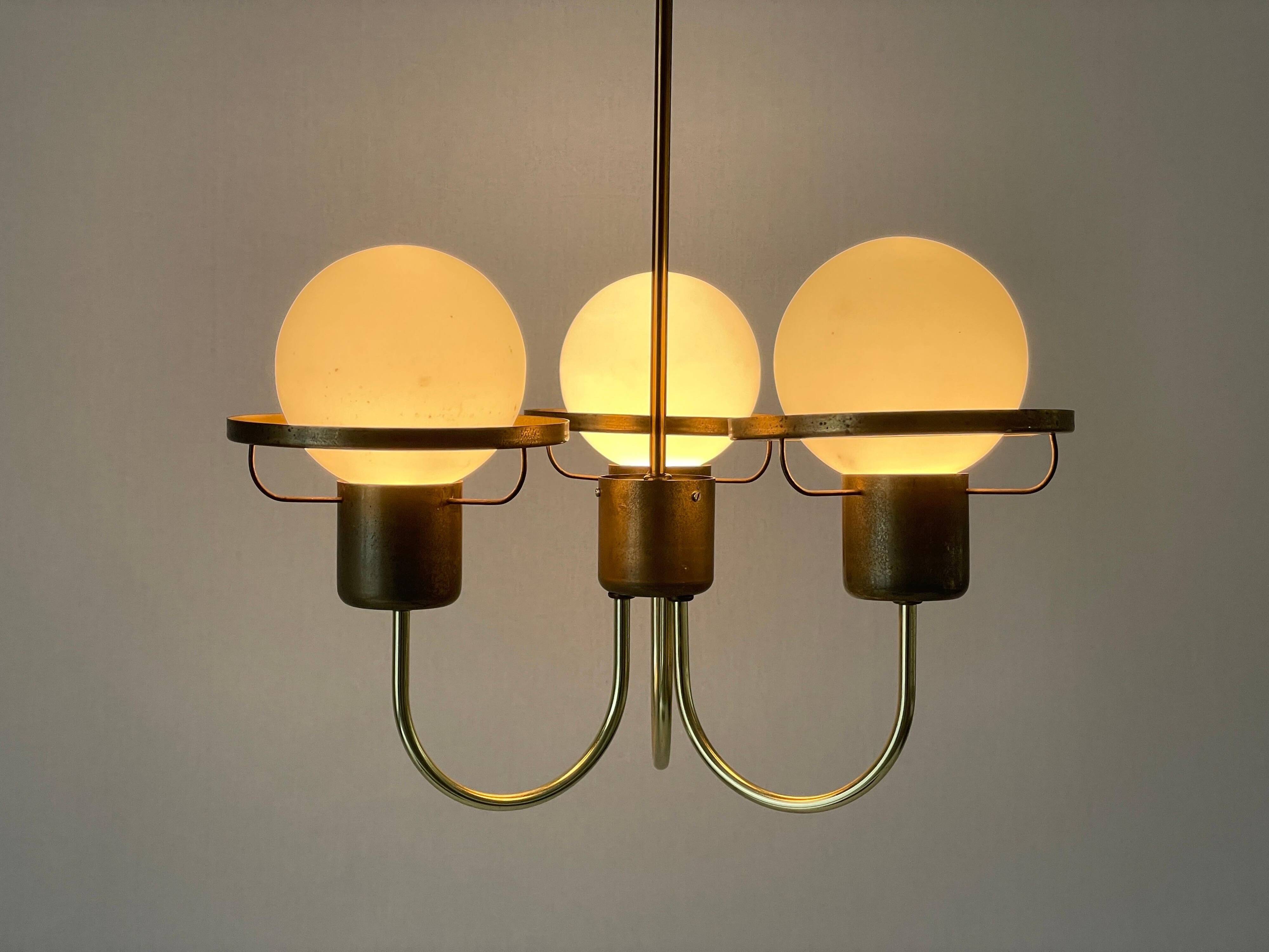Suspended lamp with 3 glass balls and brass frame, Germany, 1960s