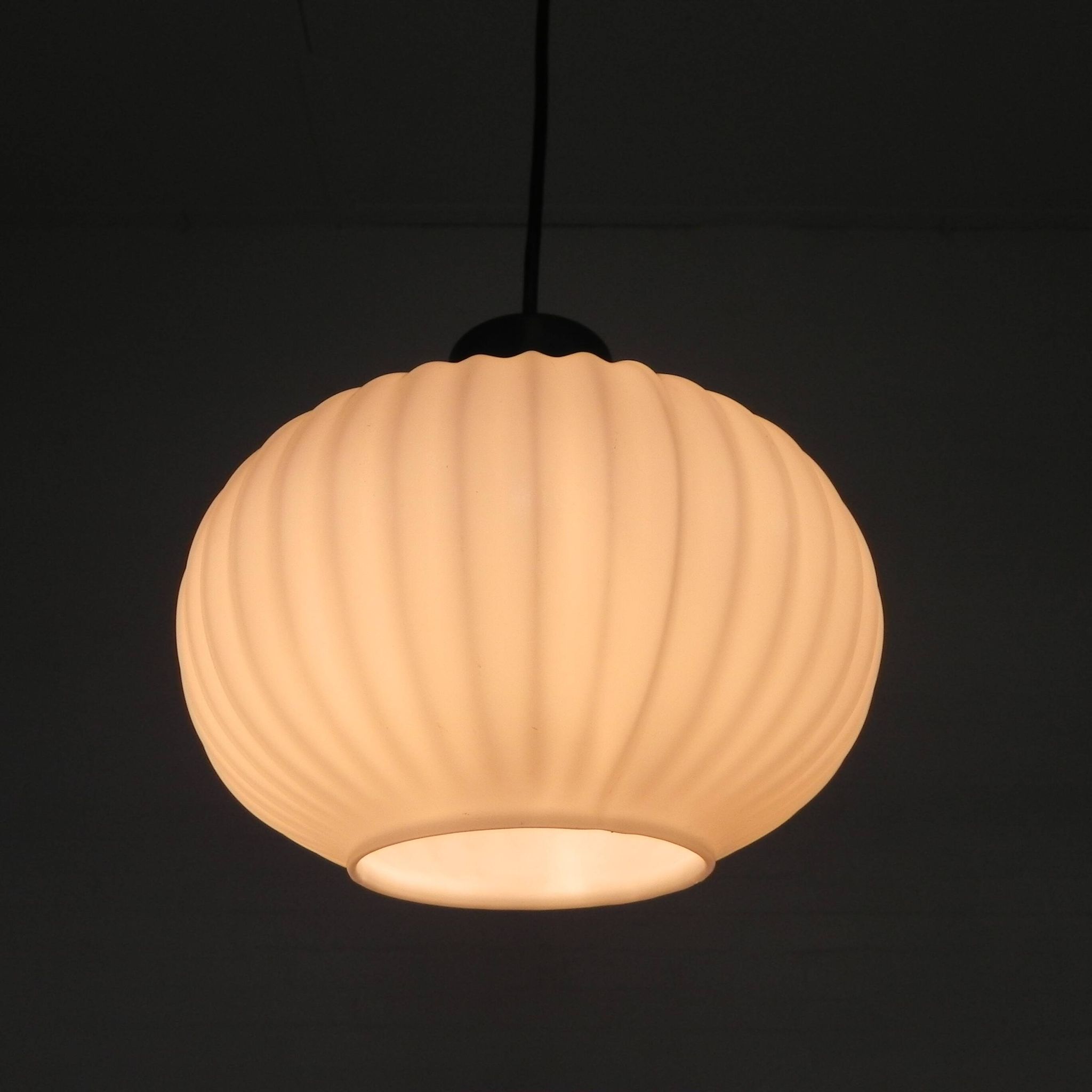 Vintage pendant lamp with white ribbed glass ball, 1960s