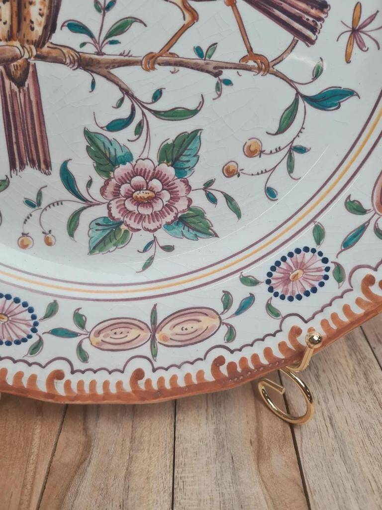 Large vintage plate with bird decor – signed Outeiro