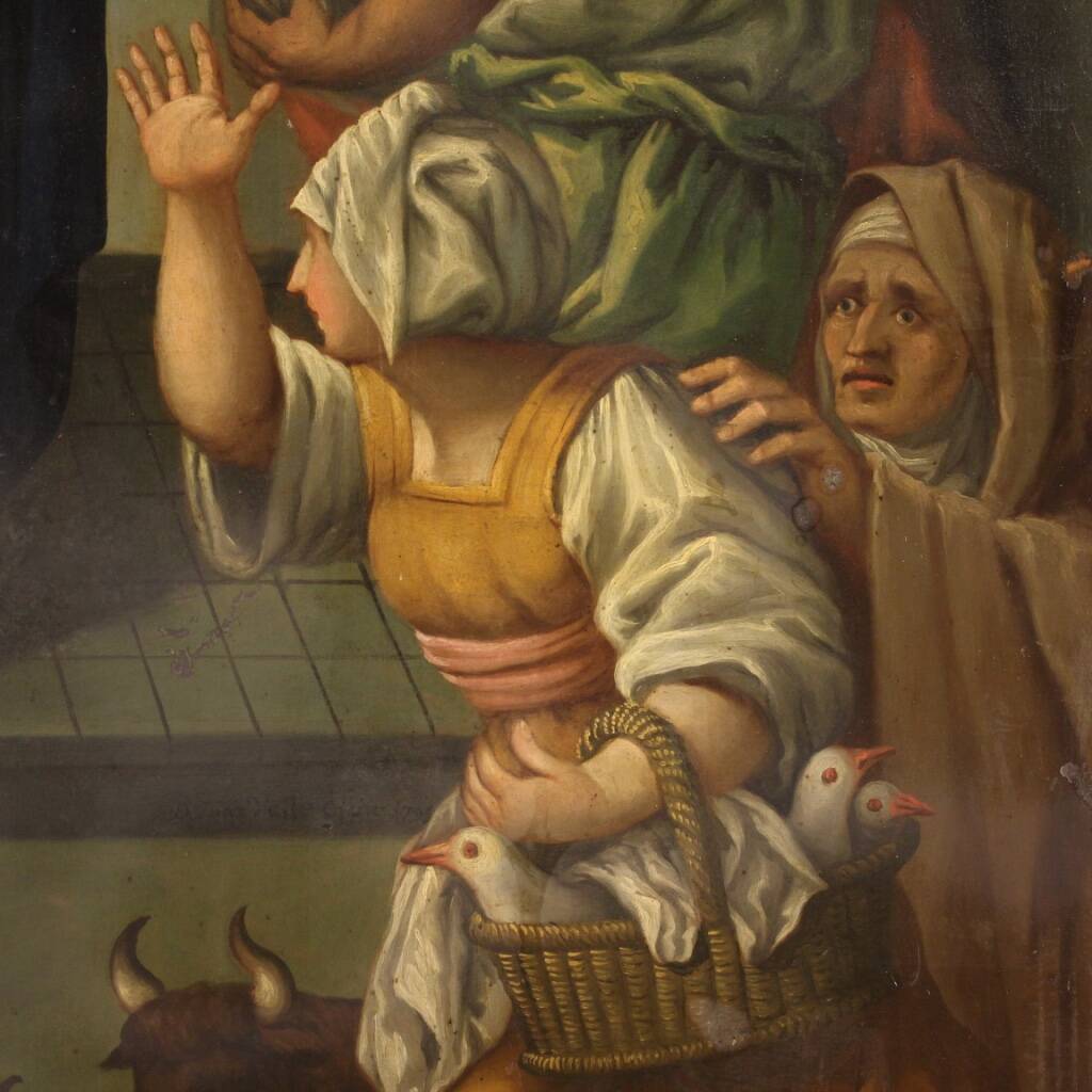 Peinture italienne à l'huile sur cuivre "Expulsion des marchands du temple"