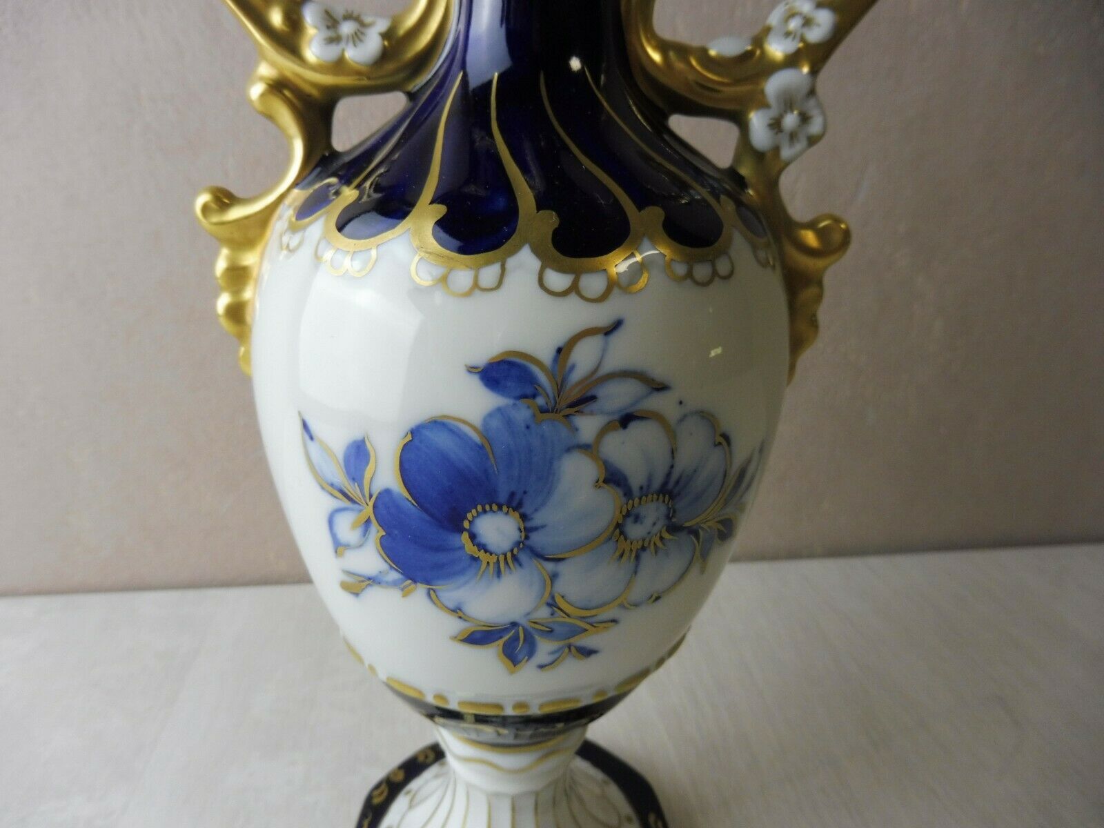 Ancient vase / amphora, blue flowers decoration, Royal Dux, Czechoslovakia Bohemia