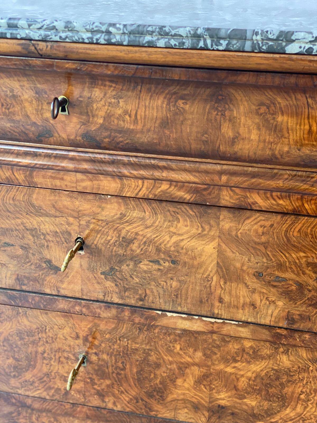 Vintage Louis Philippe chest of drawers in burr walnut and gray marble