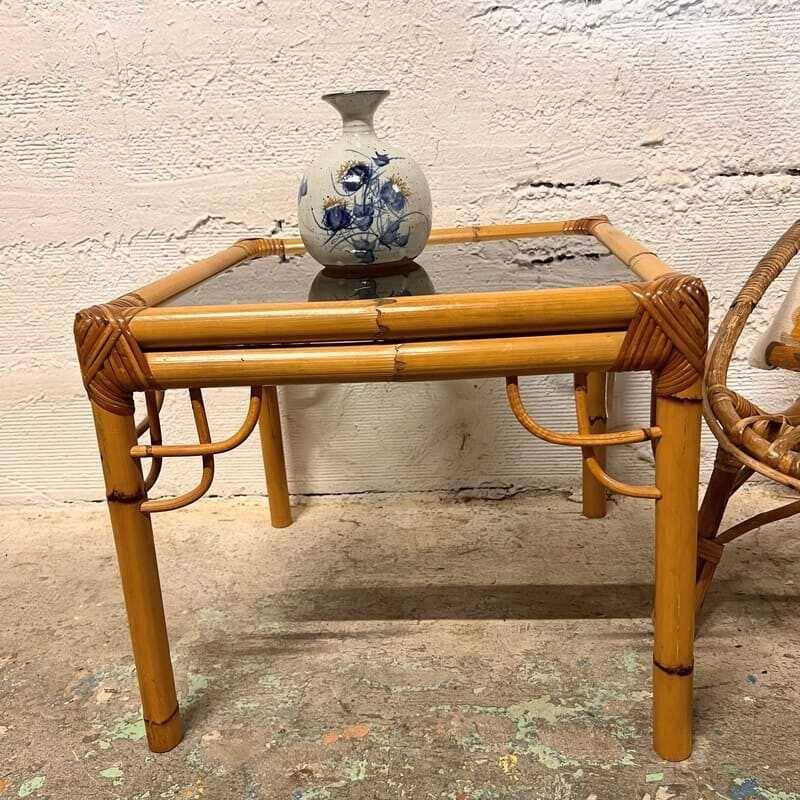 Rattan and glass side table