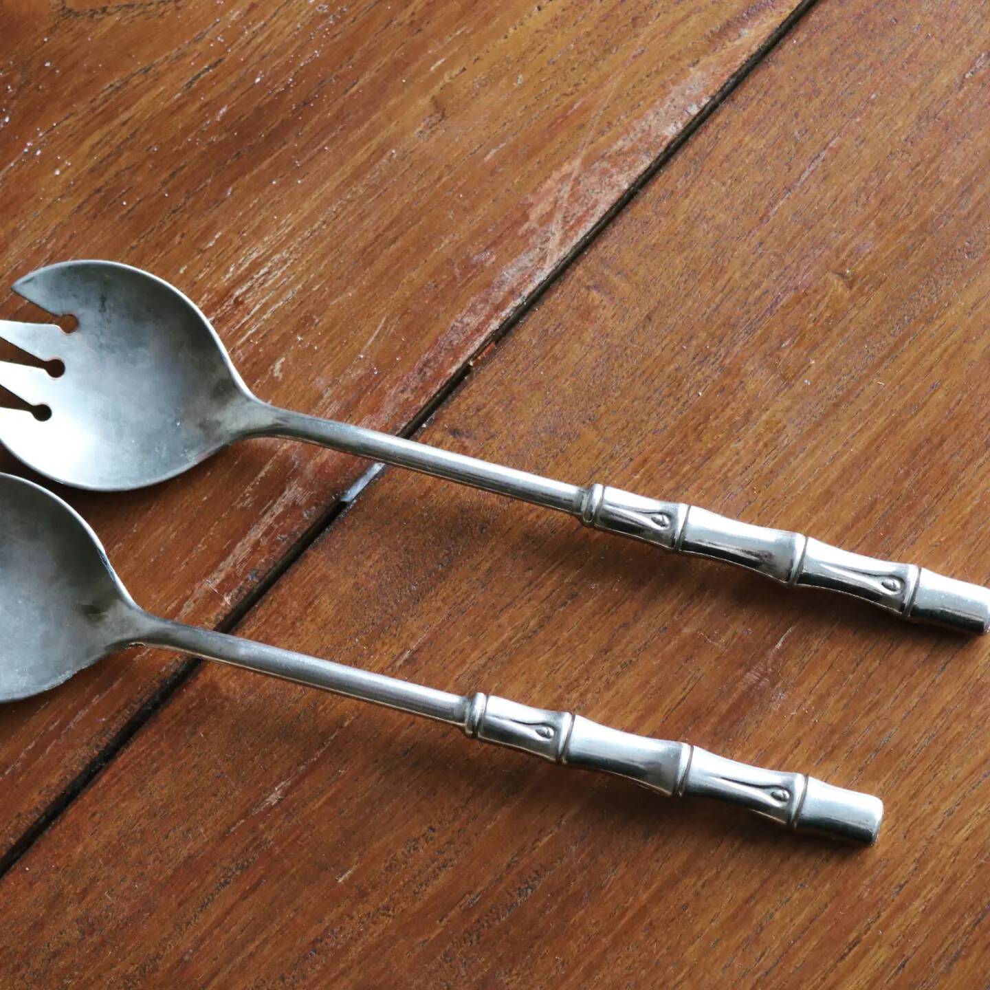 Silver salad servers, bamboo shape, vintage 1960