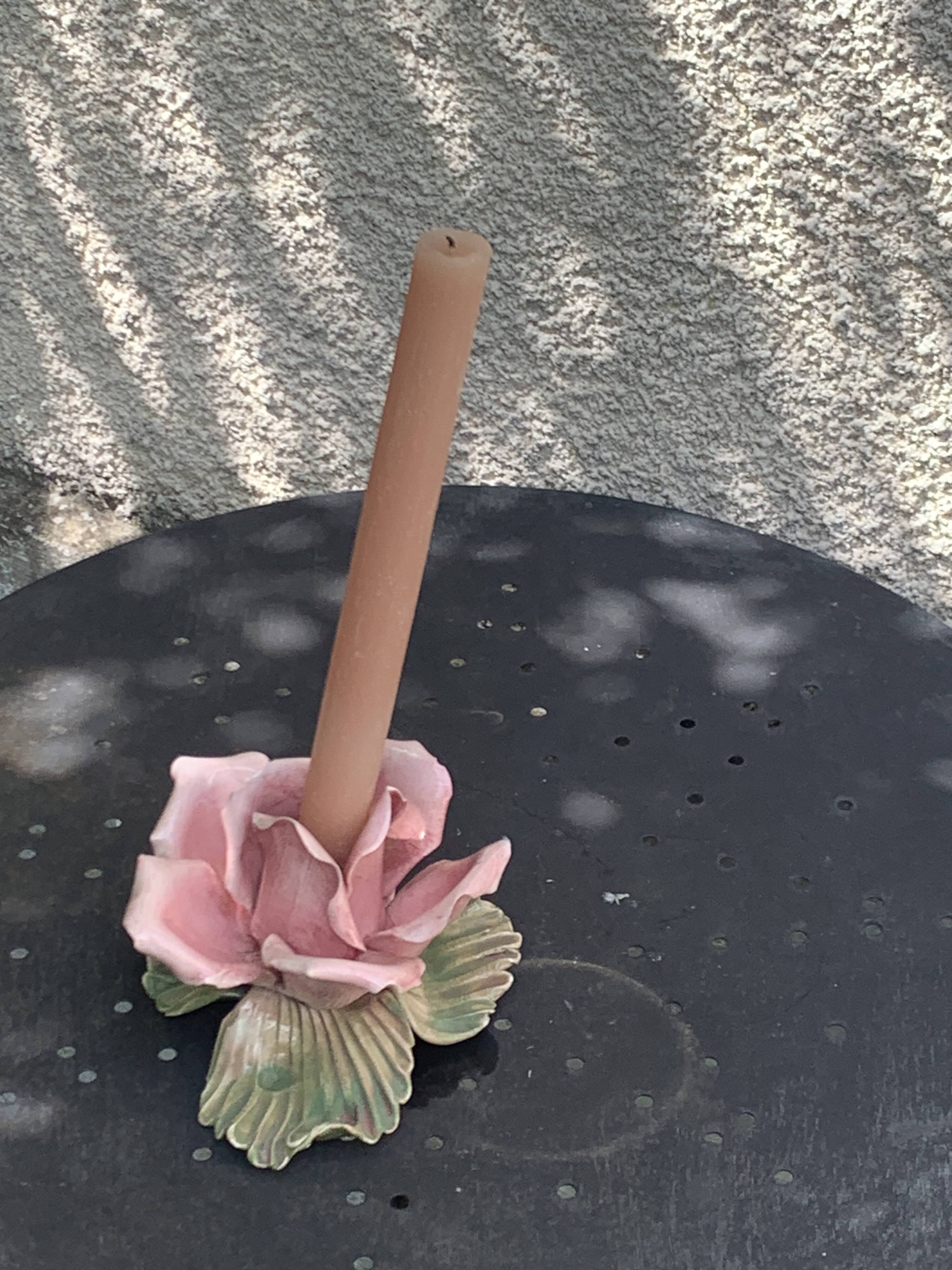 Pink candle holder in slip, old biscuit