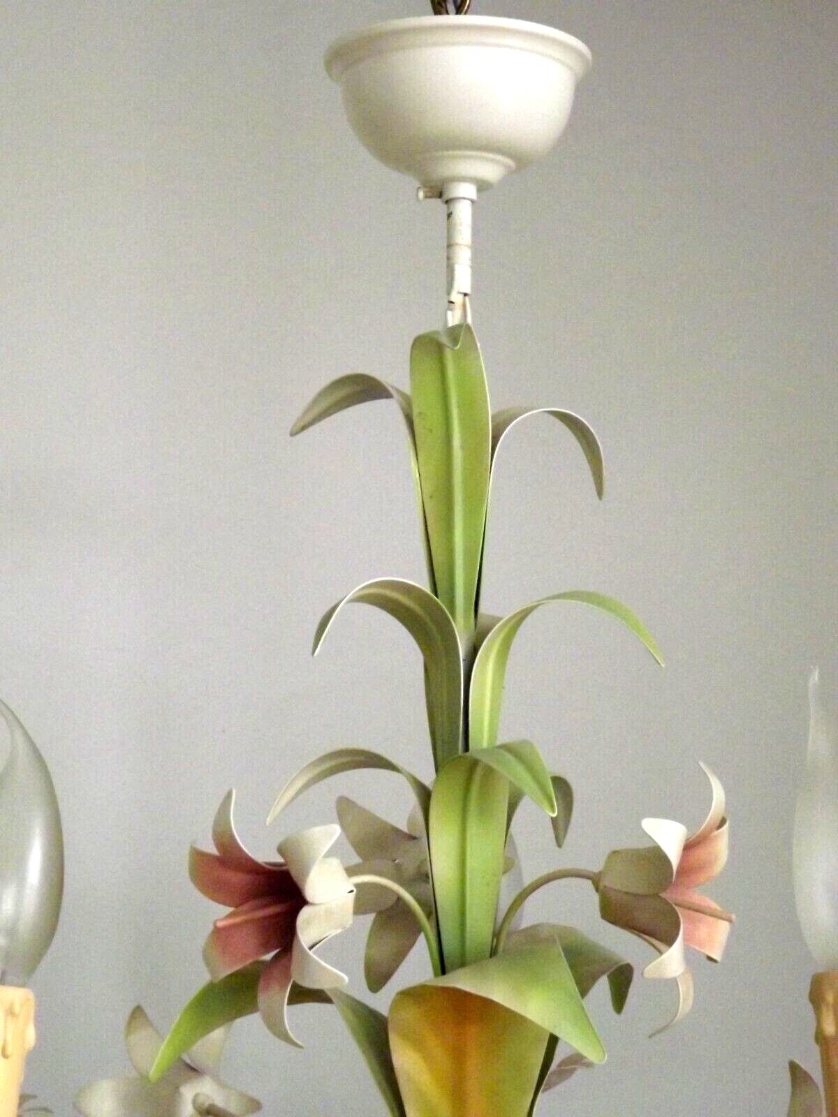 Vintage french 5 arm tied bouquet toleware chandelier pink lily flowers 4264