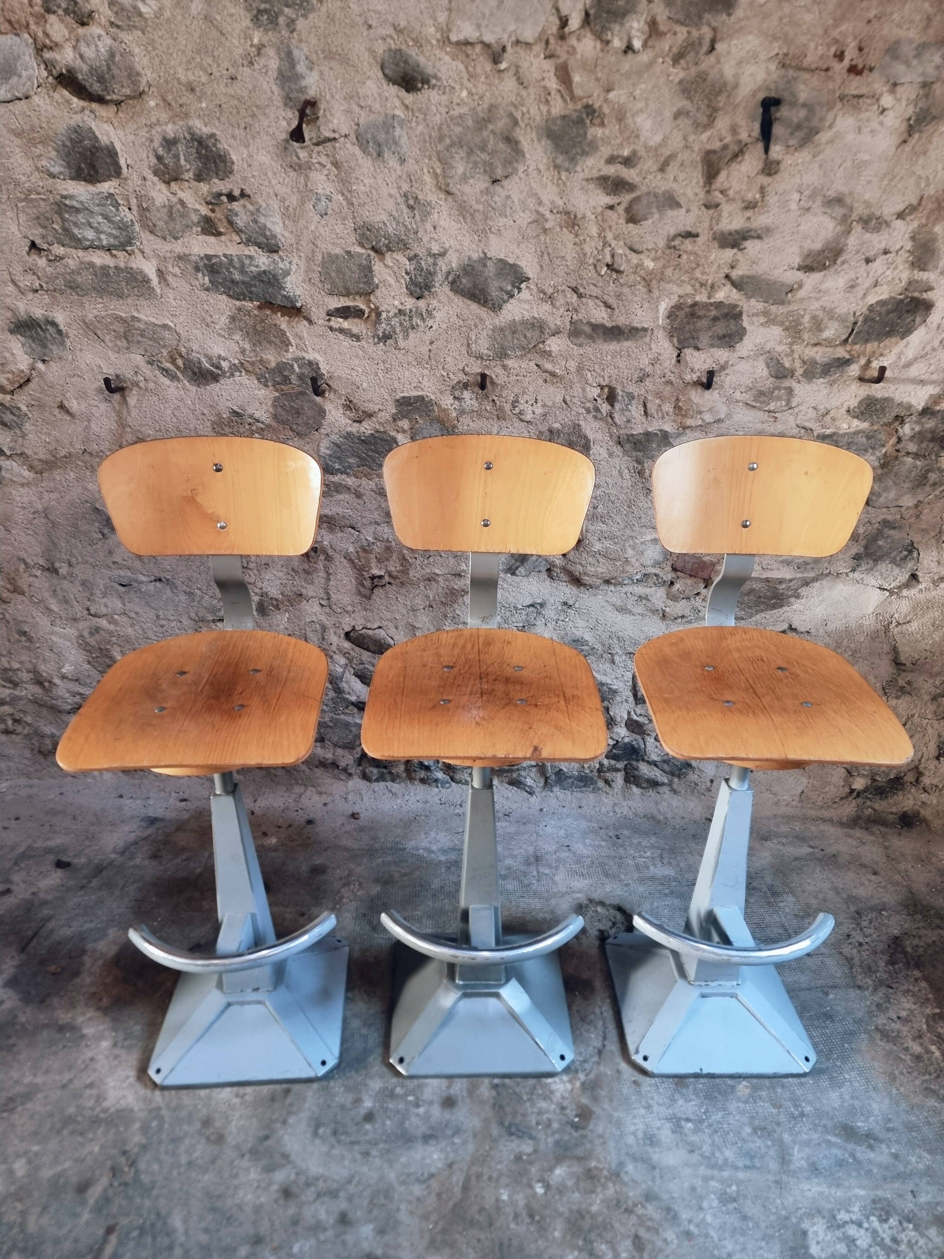 Set of 3 industrial swivel workshop chairs – fixed height bar stools – mid-century factory seats