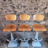 Set of 3 industrial swivel workshop chairs – fixed height bar stools – mid-century factory seats