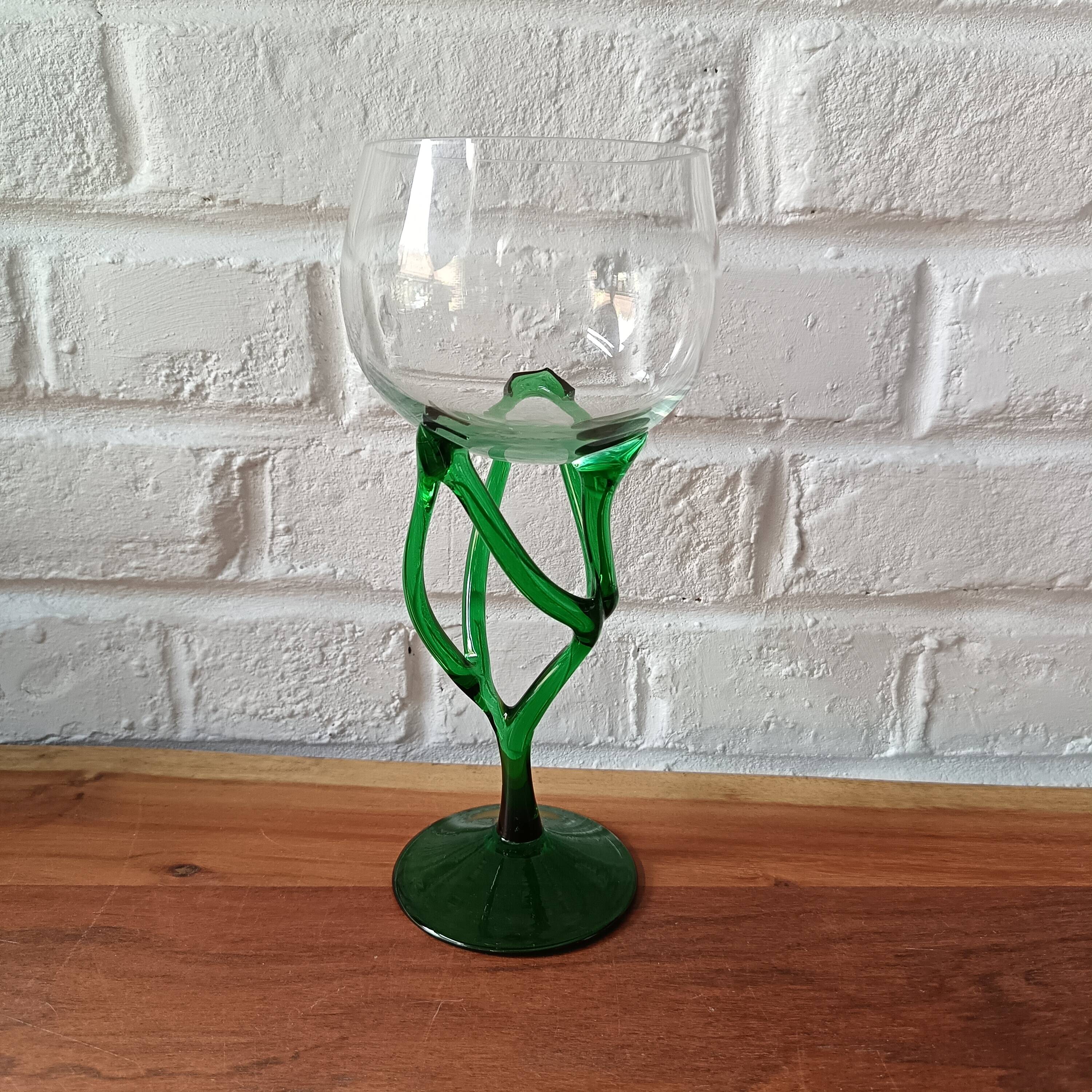 Vintage Emerald Green Jellyfish Blown Glass Bowl on Foot