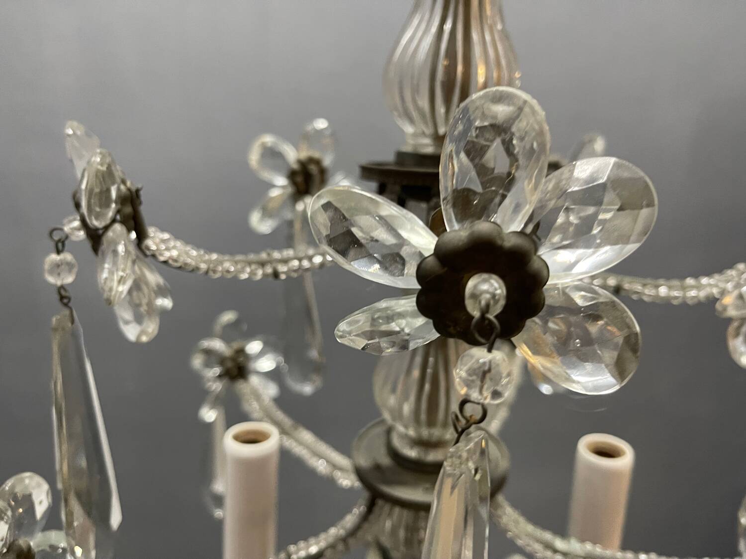 Crystal Beaded Bronze Flower Chandelier 1950s