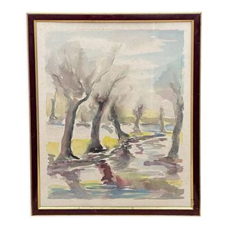 Watercolor on paper by Willy Bindels 1957 Landscape Trees