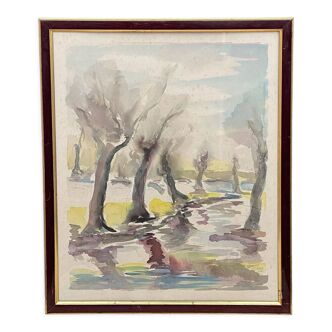 Aquarelle sur papier par Willy Bindels 1957 Paysage Arbres