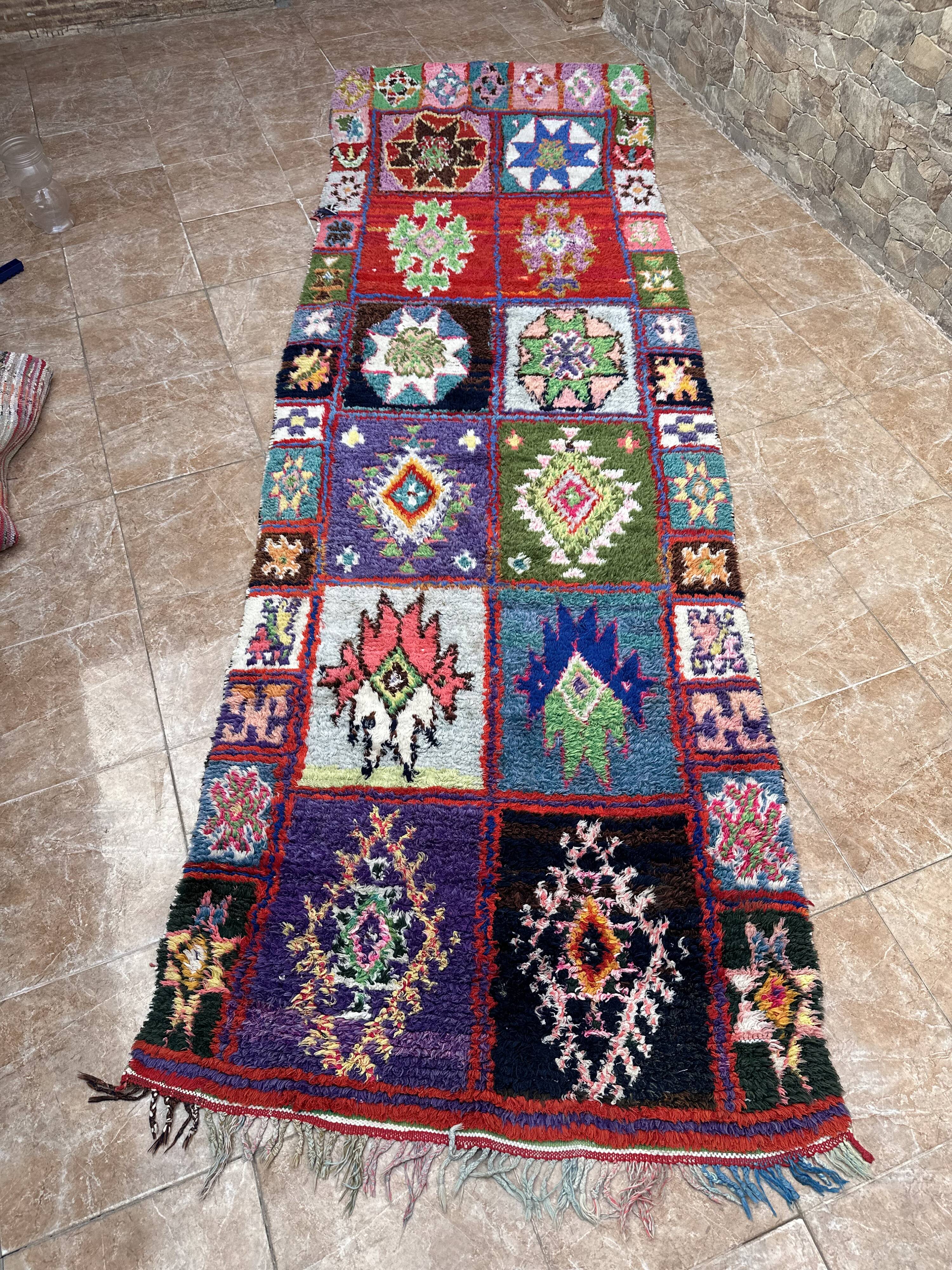 Vintage Boucherouite hallway rug: handwoven Berber rug.