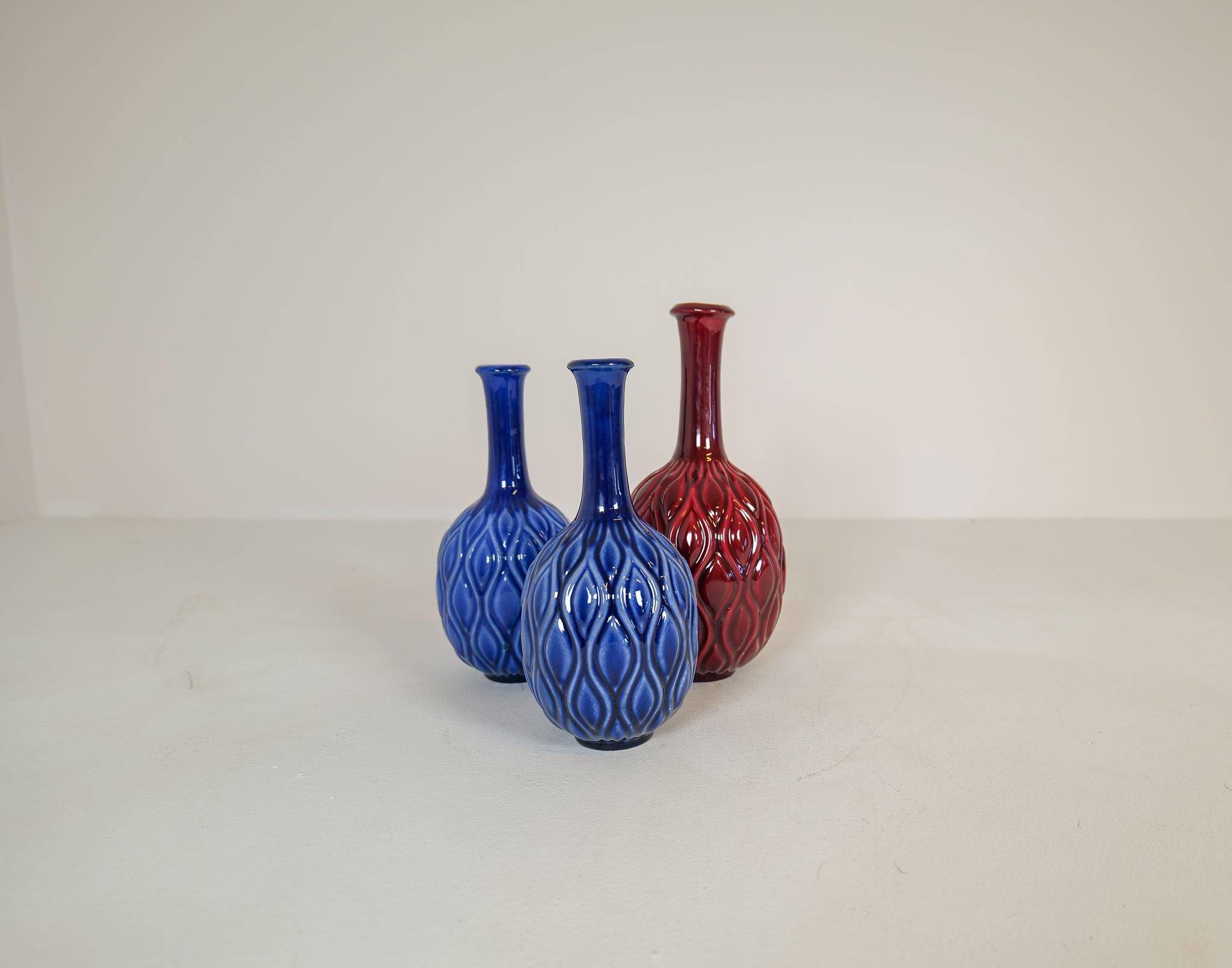 Blue and red peacock vases Midcentury Sven Erik Skawonius Upsala Ekeby, 1950s