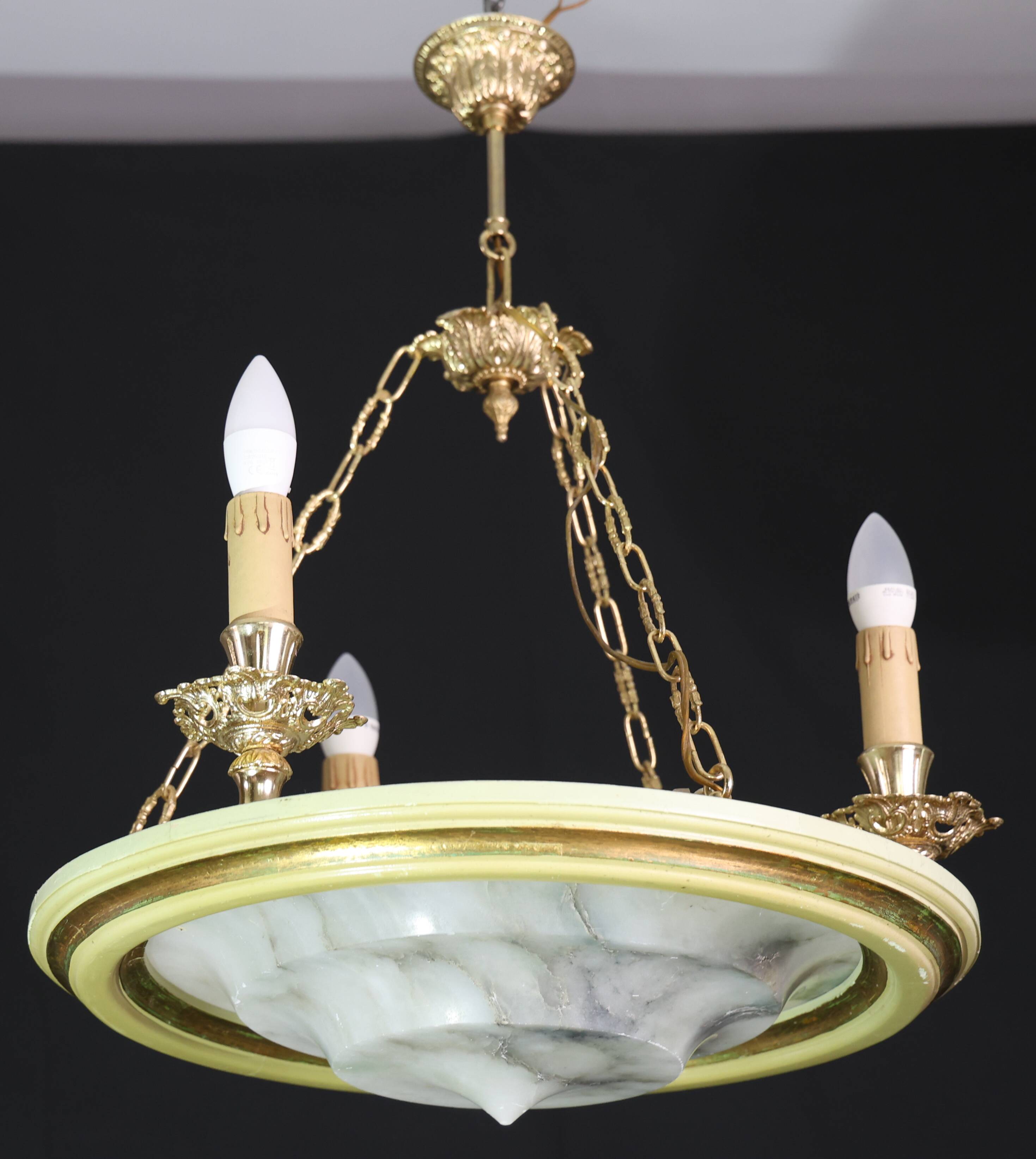 Masterpiece Art Deco design white alabaster chandelier circular wooden fram