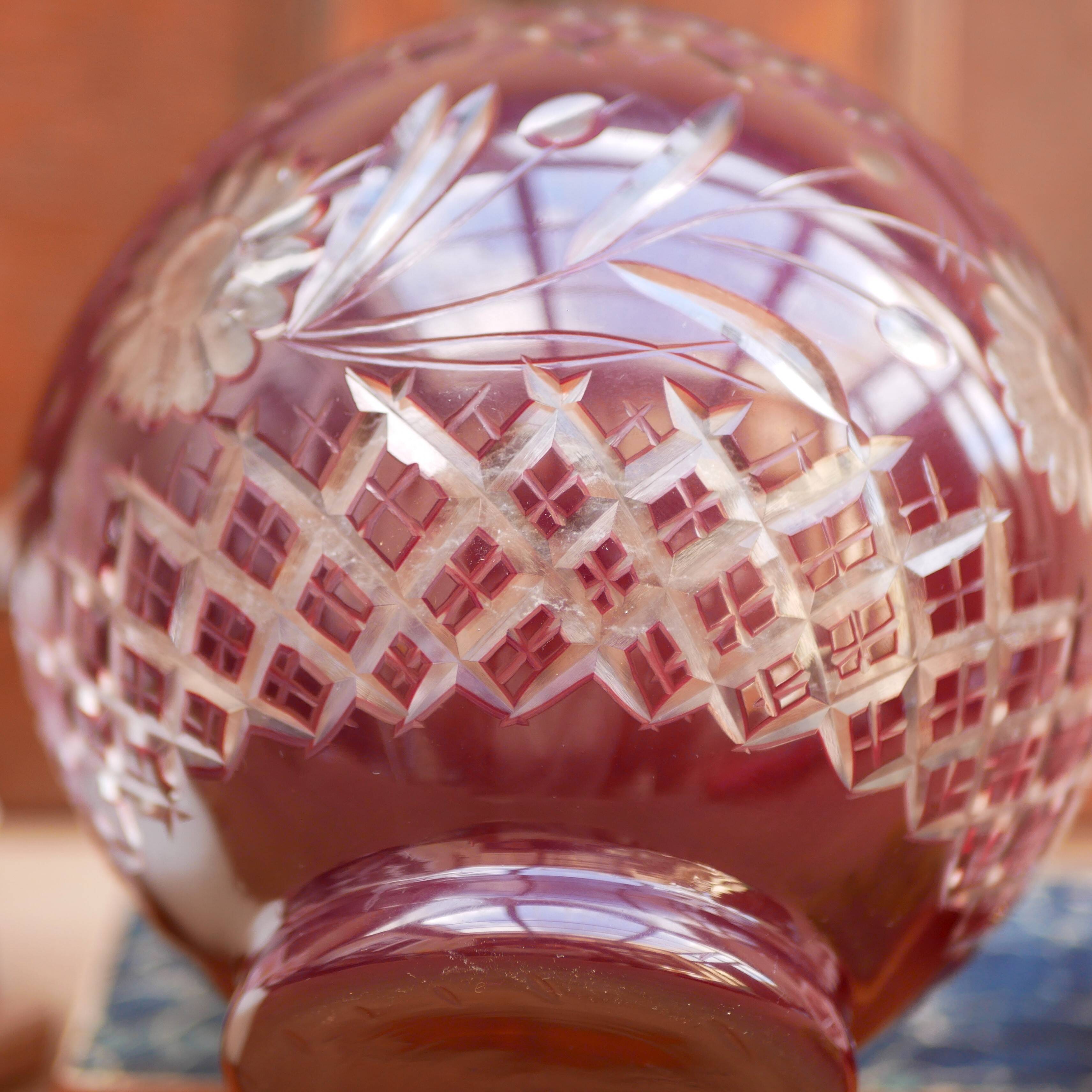 Burgundy cut glass vase or candle holder
