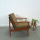 Teak Scandinavische fauteuil met bruin stoffen kussens, stoel 1