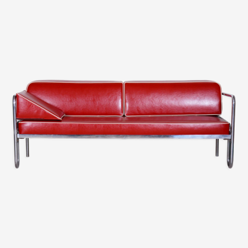 Canapé Bauhaus rouge restauré, cuir de haute qualité, chrome tubulaire, années 1930