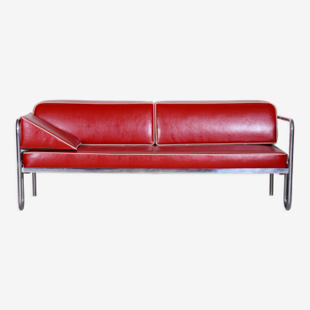 Fully restored red bauhaus sofa, high-quality leather, tubular chrome, 1930s