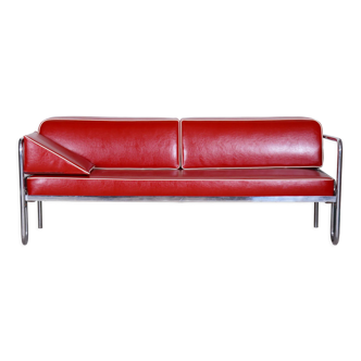 Fully restored red bauhaus sofa, high-quality leather, tubular chrome, 1930s
