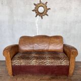 Art Deco club sofa in leather and leopard print